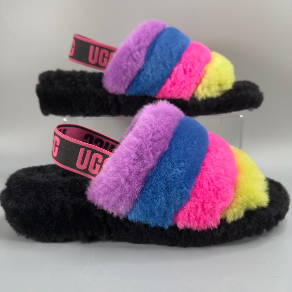 Ugg Fluff Yeah Slide Stripe Womens 8 Slip On Loafer Black Bright Rainbow Slipper